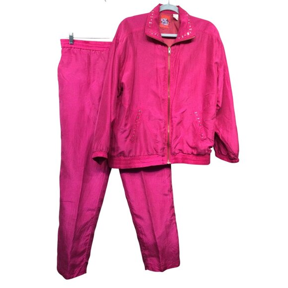 Vintage 90s Pink Silk Tracksuit Jacket Pants Set Athletic Womens Size M Preppy